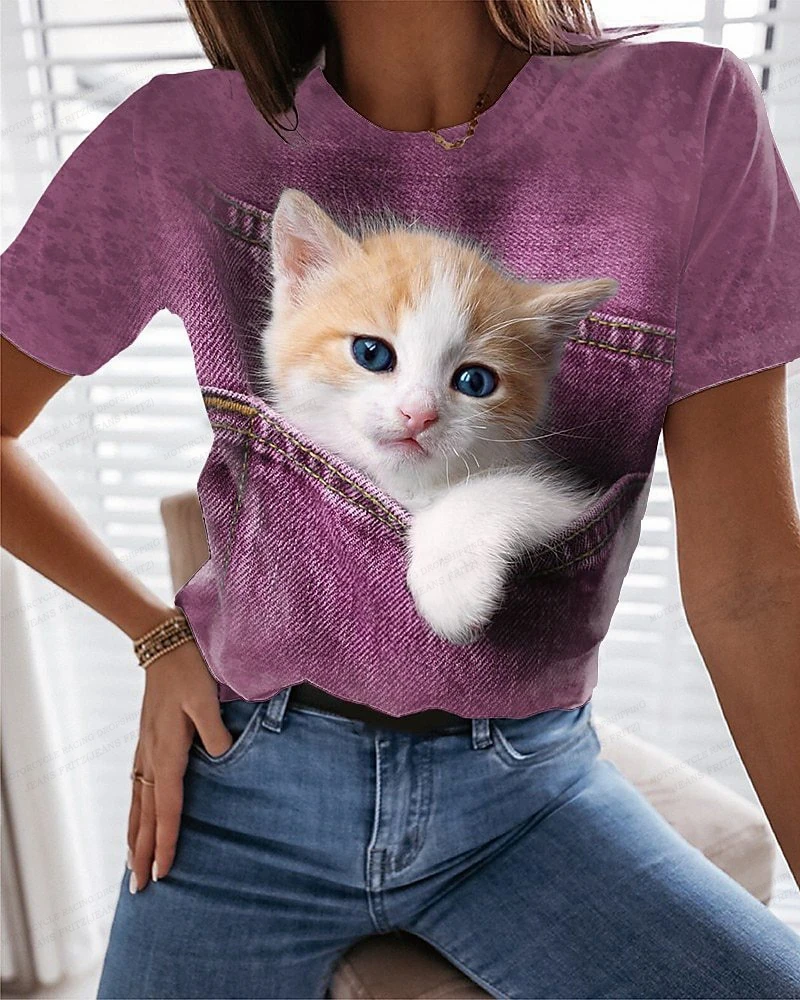 Cute Anime Cat 3d Print Women's T-shirts Funny Kawaii Animal T Shirt Girls Streetwear Y2k Clothing Fashion Tops Woman 2024