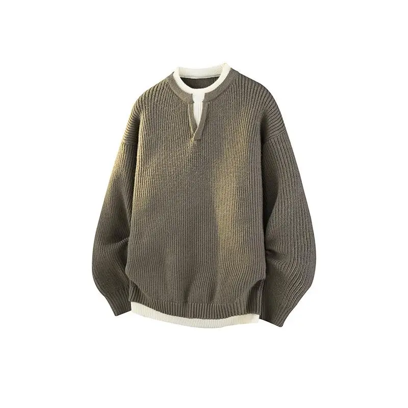 

Men's Knit Sweater, Fake Two Layer Look Pullover Solid Color Long Sleeve Top for Autumn Spring, Casual Loose Fit Clothing M-3XL
