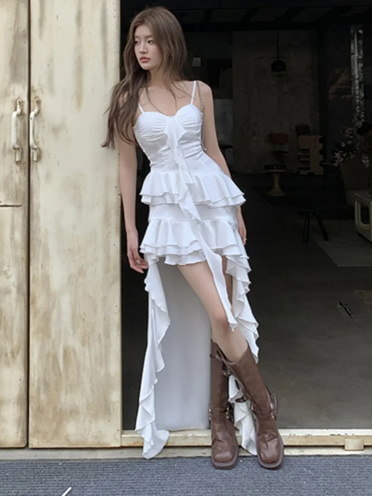 

SMTHMA 2025 Spring/Summer New White Irregular Flower Bud Dress Women's Lotus Leaf Edge Strap Long Dress Women's With Chest Mat