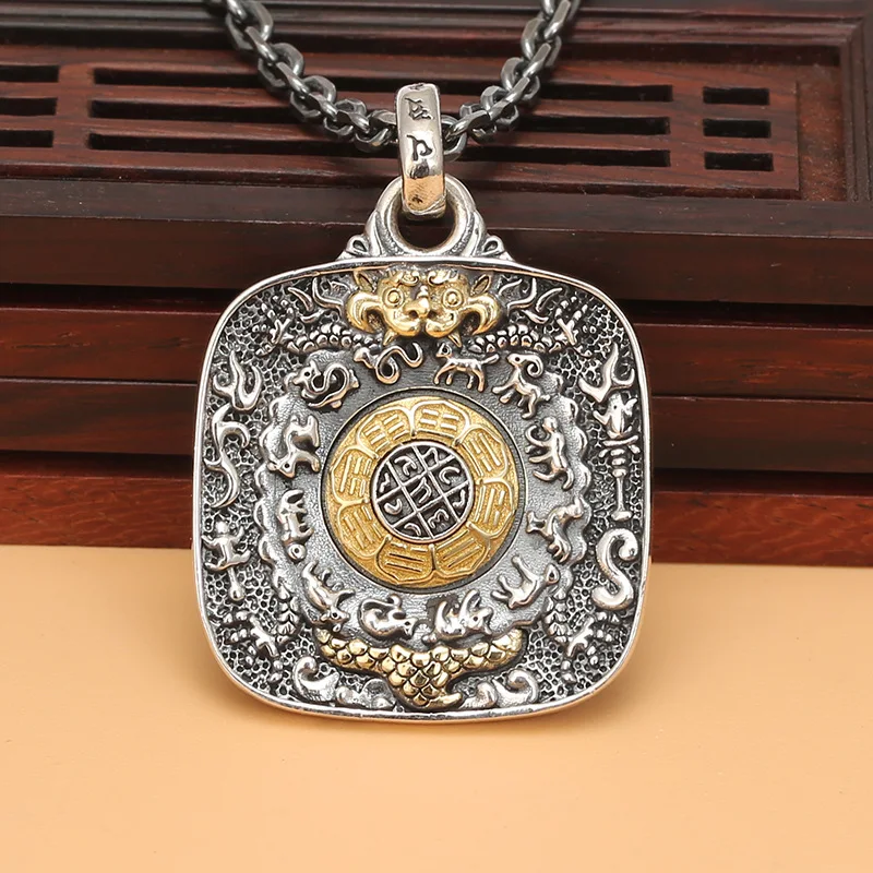 

s925 silver accessories Thai silver retro fashion elegant men's protective talisman charts rotatable lucky pendant