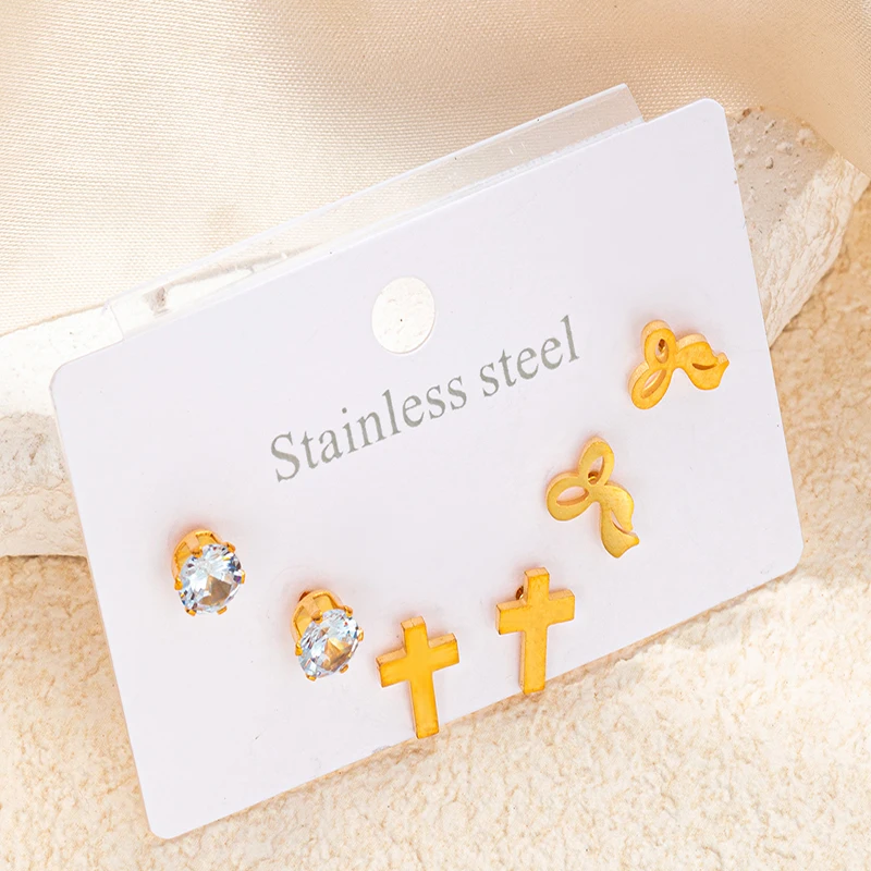 ANENJERY 316L Stainless Steel 6 Pieces Star Moon Zircon Earring for Women Simple Delicate Jewelry Gifts Wholesale