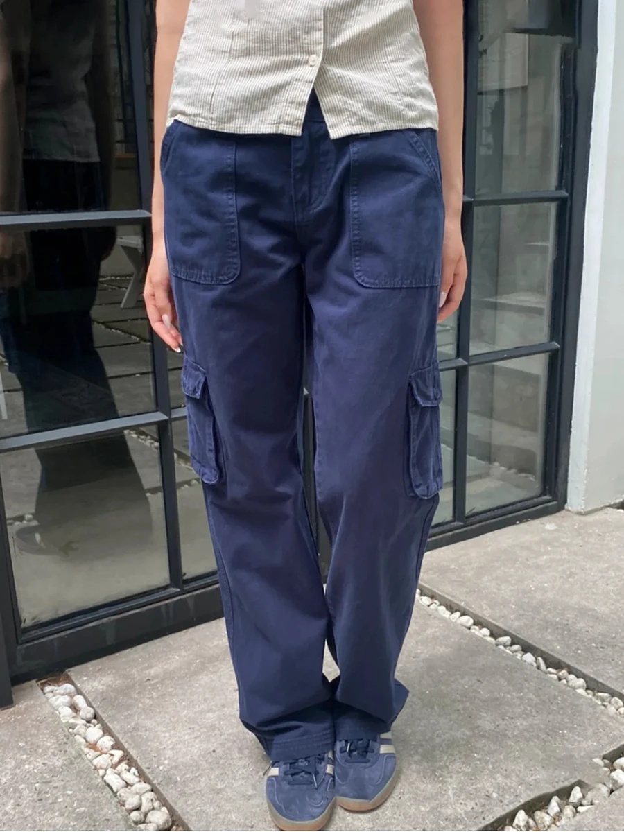 Tasche Pantaloni cargo vintage blu scuro Pantaloni lunghi dritti in cotone a vita alta estivi da donna Pantaloni casual streetwear nuovi solidi