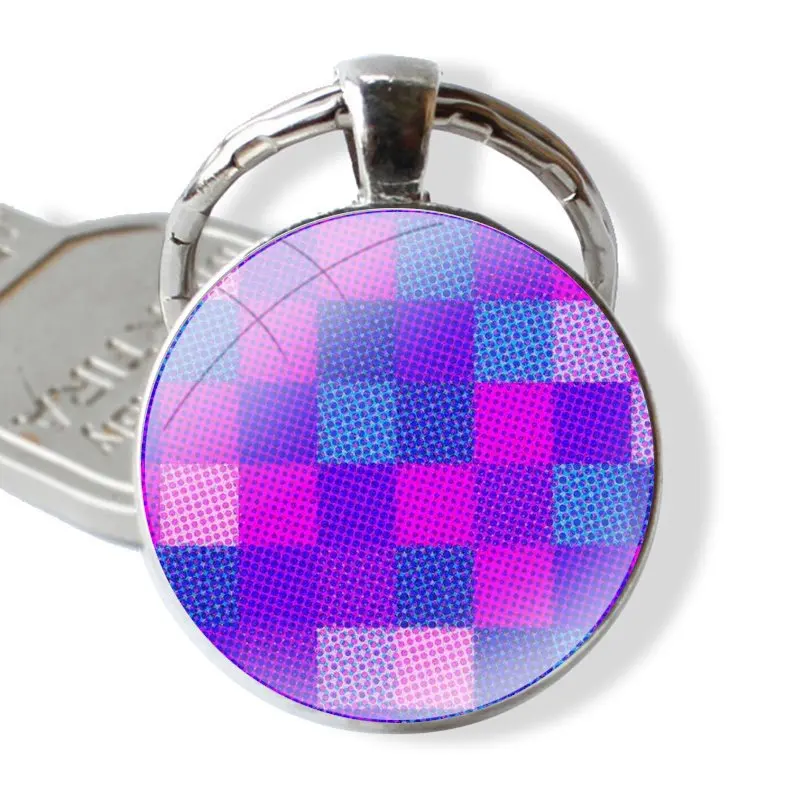 Keychain Handmade Glass Cabochon Key Ring Holder Pendant Key Chains checkered colorful abstract