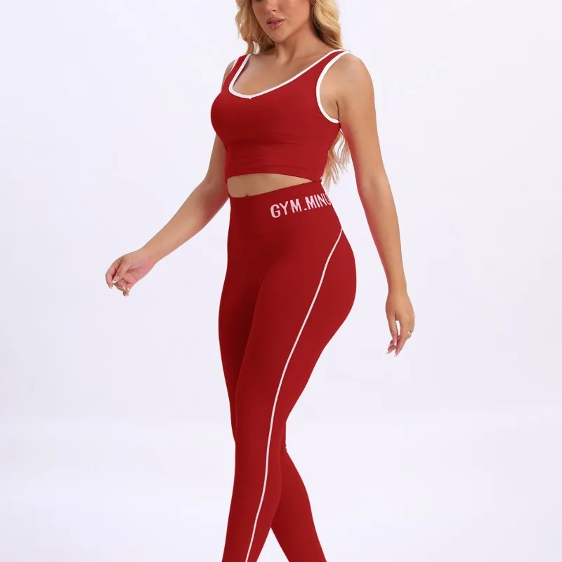 Farbblock-Yoga-Set für Damen, integrierter BH, Leggings mit hoher Taille, zweiteiliges Workout-Outfit, Fitnessstudio, Fitness, modische Sportbekleidung, Oberteile
