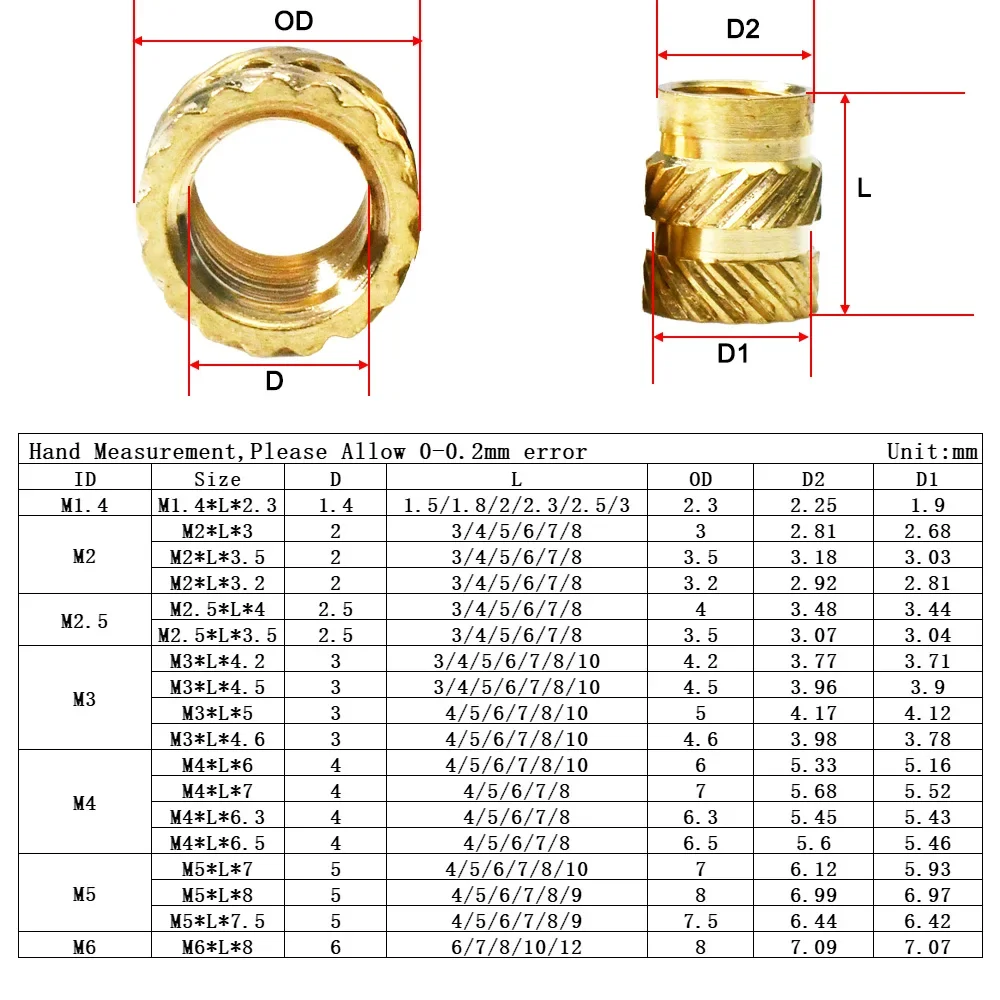 500Pcs M2 M2.5 M3 M4 M5 Brass Insert Nut Threaded Nutsert Knurled Hot Melt Heat Embedded Insertnut 3D Printer PC Nuts Inserts