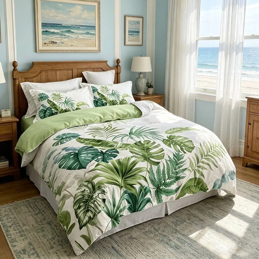 Tropical Green Palm Monstera Leaf Duvet Cover Set Botanical Fern Leaves Print Soft Breathable Bedding Machine Washable Bedroom