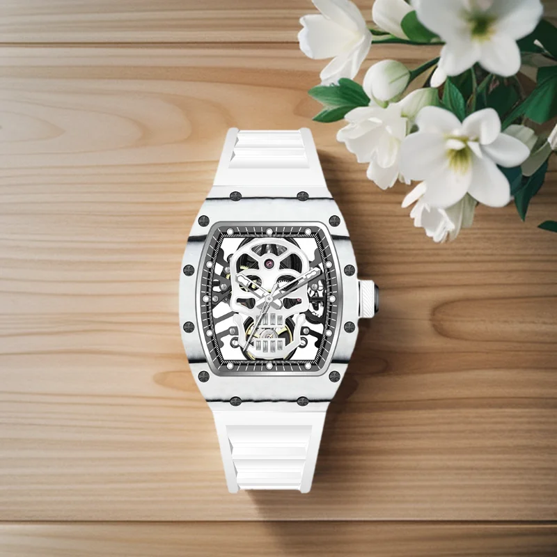 

Men's 2026 Automatic Watch Mechanical Movement Waterproof Tonneau Wristwatch with Silicon Strap Sports Casual Hollow Design