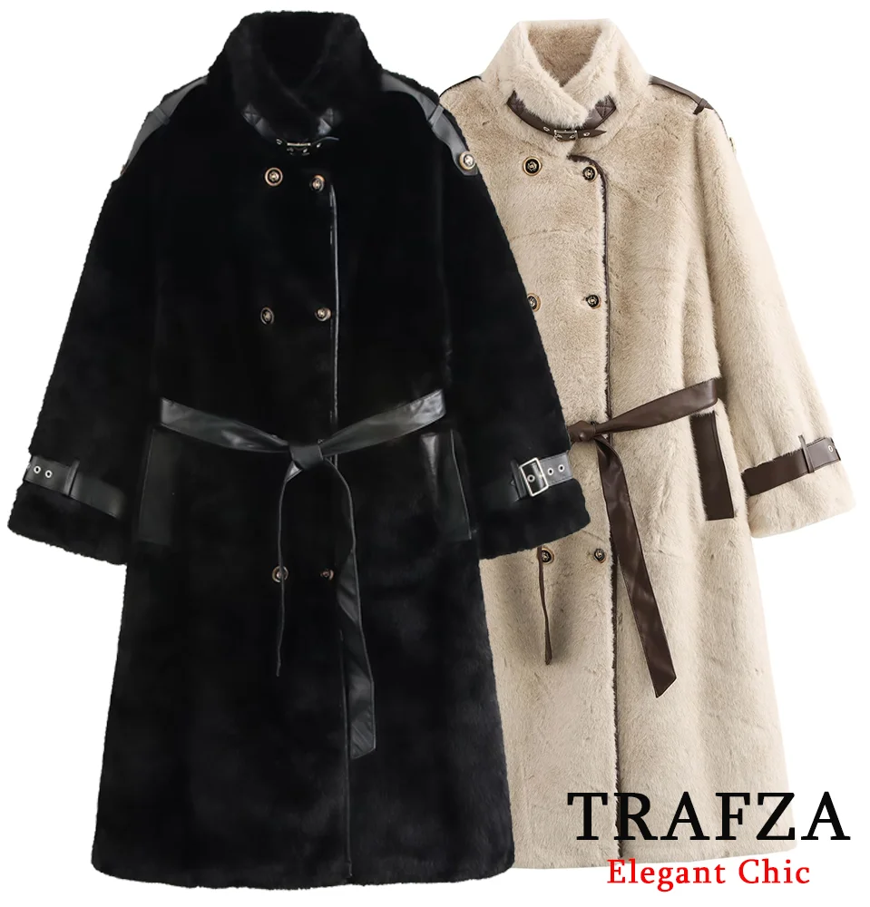 Women's Fall Winter Faux Fur Long Coat TRAFZA Vintage Motorcycle PU Leather Fur Belt Thick Coat New 2024 Fashion Retro Warm Coat