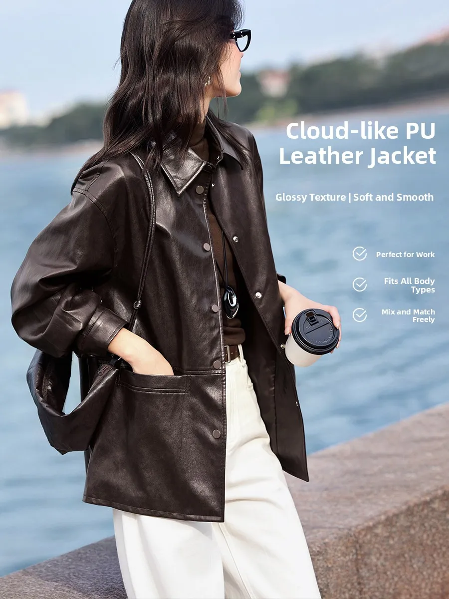 

XWI Vintage Brown Leather Jaet Women's Korean Sle Casual irt Sle Coat Fall New Faion Ladies' ort Outerwear