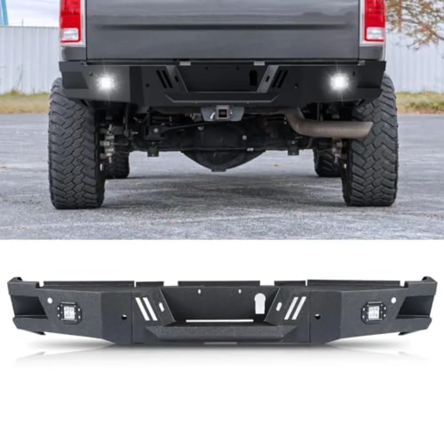 

Off Road Rear Bumper for Dodge Ram 2500/3500 2010-2018,Heavy Duty Steel, Black, Full Width with Corner Side Step, 2 LED Lights,
