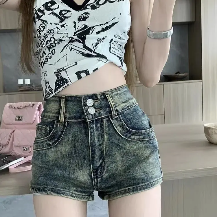 American Retro Denim Shorts Women Summer Washing Old Double Button High Waist Straight Stretch Hot Girl A-Line Hot Pants