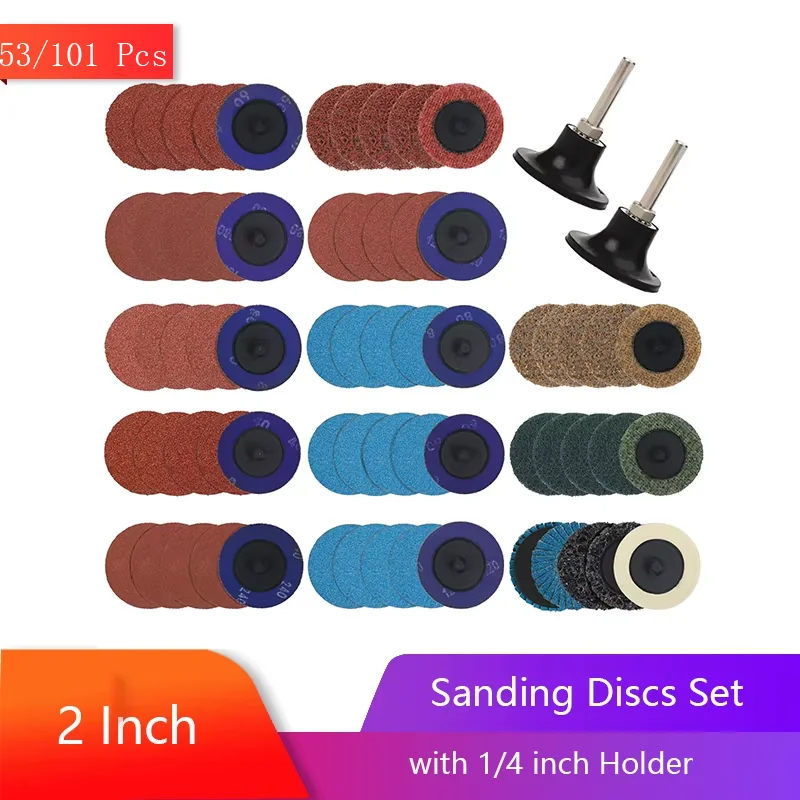 2 Inch Sanding Discs Set 53/101 Pcs with Surface Conditioning Disc 1/4 inch Holder for Polishing Burr Finish Rust Paint Removal