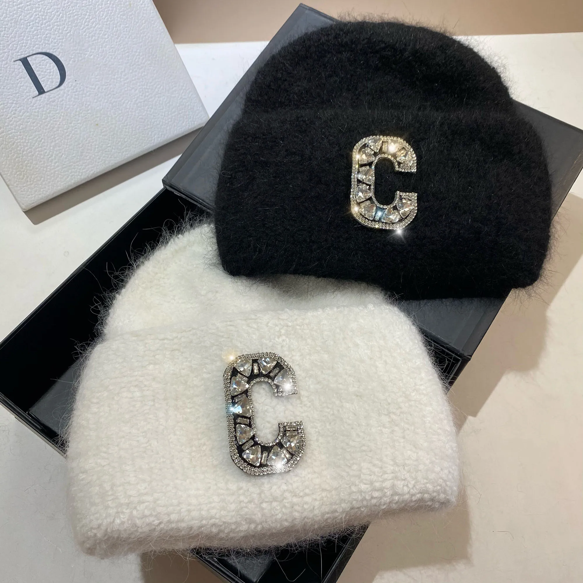 Heavy Industry Rhinestone C Letter Rabbit Fur Knitted Hat Winter Nordic Warmth Thickened Double Folded Ear Protective Wool Hat