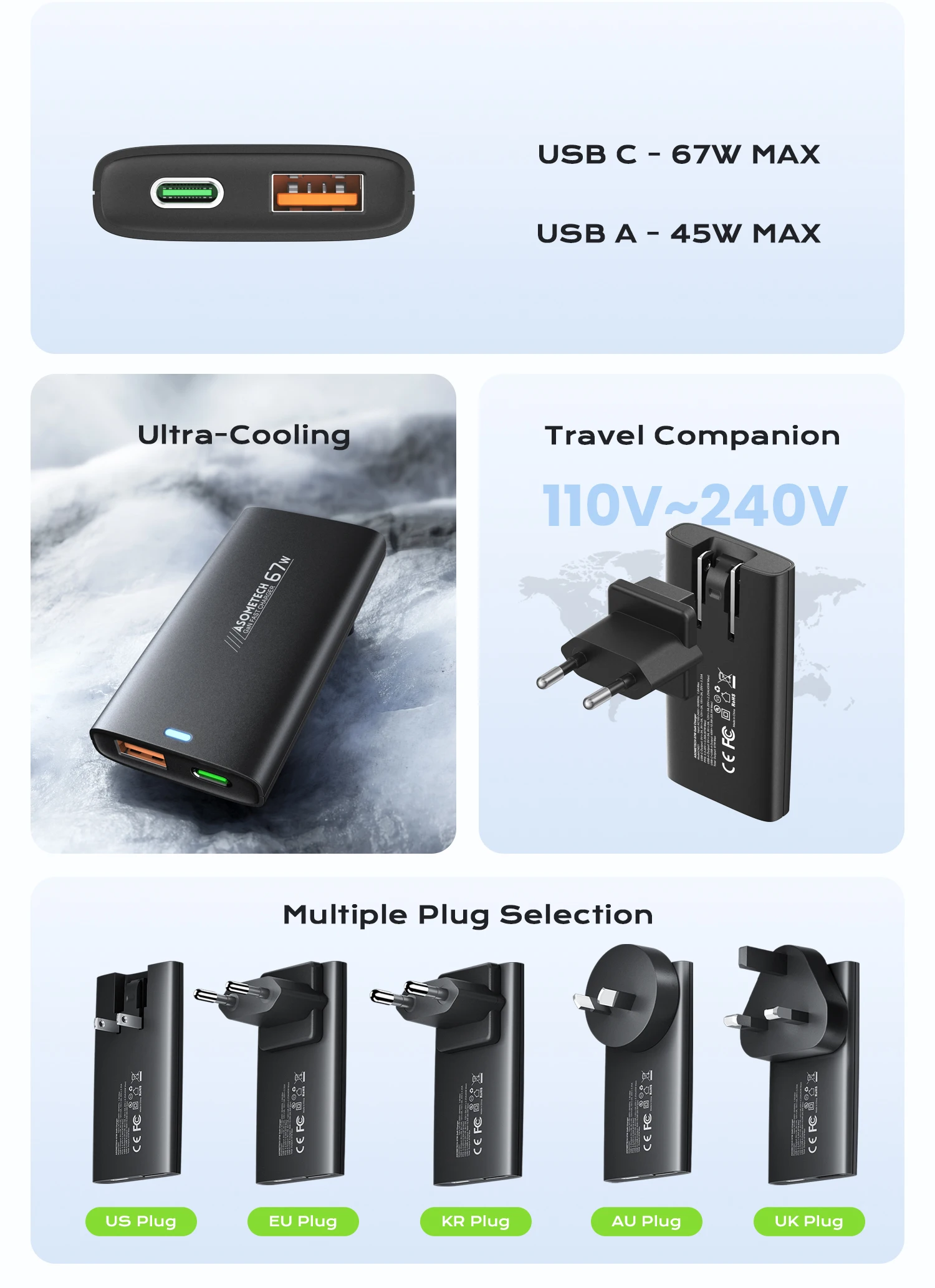 67W GaN USB-C-Ladegerät, schnelles Laden 4.0, PD3.0, PPS, tragbares, ultradünnes Typ-C-Ladegerät für iPhone, Samsung, Macbook, Laptop – Detail 3