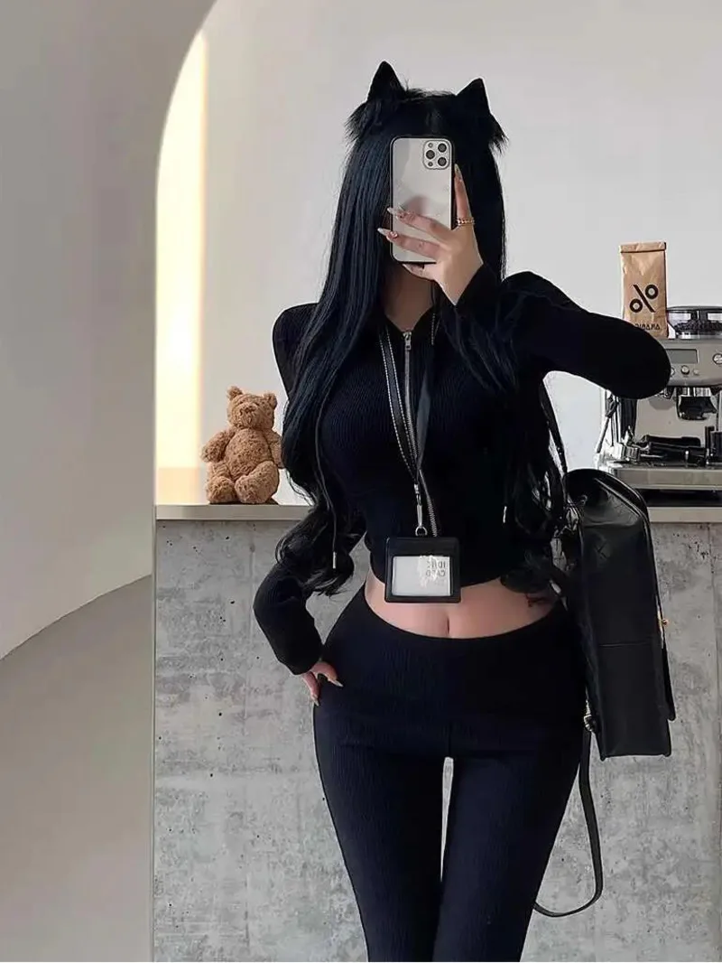 

Hooded Drawstring Zipper Cardigan Jacket, Double-layer Flip Waist Slightly Flared Leg Length Casual Pants Set Fashion Sweet B4XJ