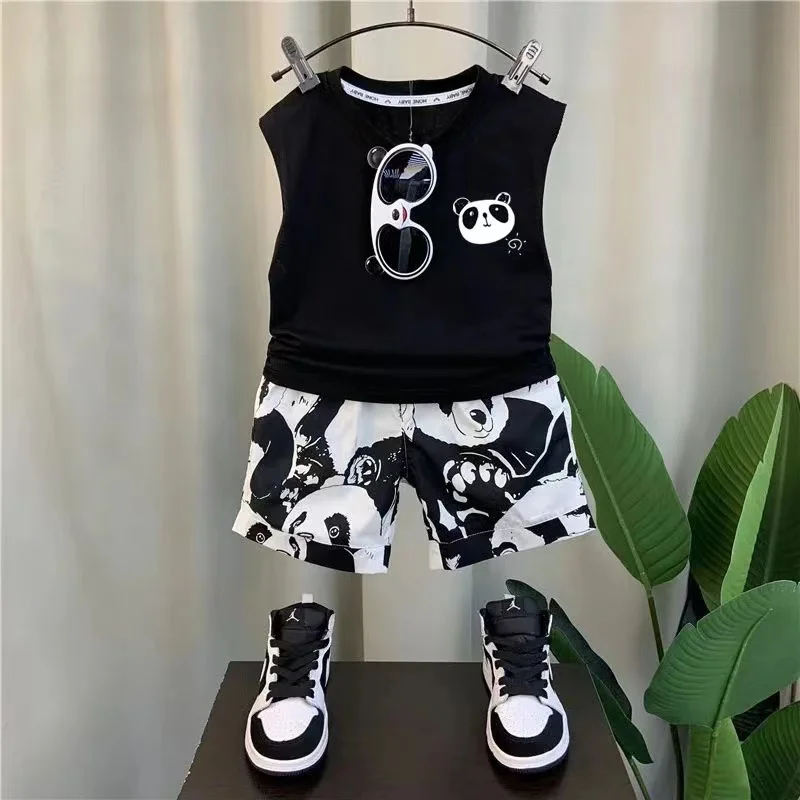 Boys' Summer Set 2024 New Western Style Children's Handsome Pure Cotton Sleeveless Tank Top Short Sleeve Two Piece Set