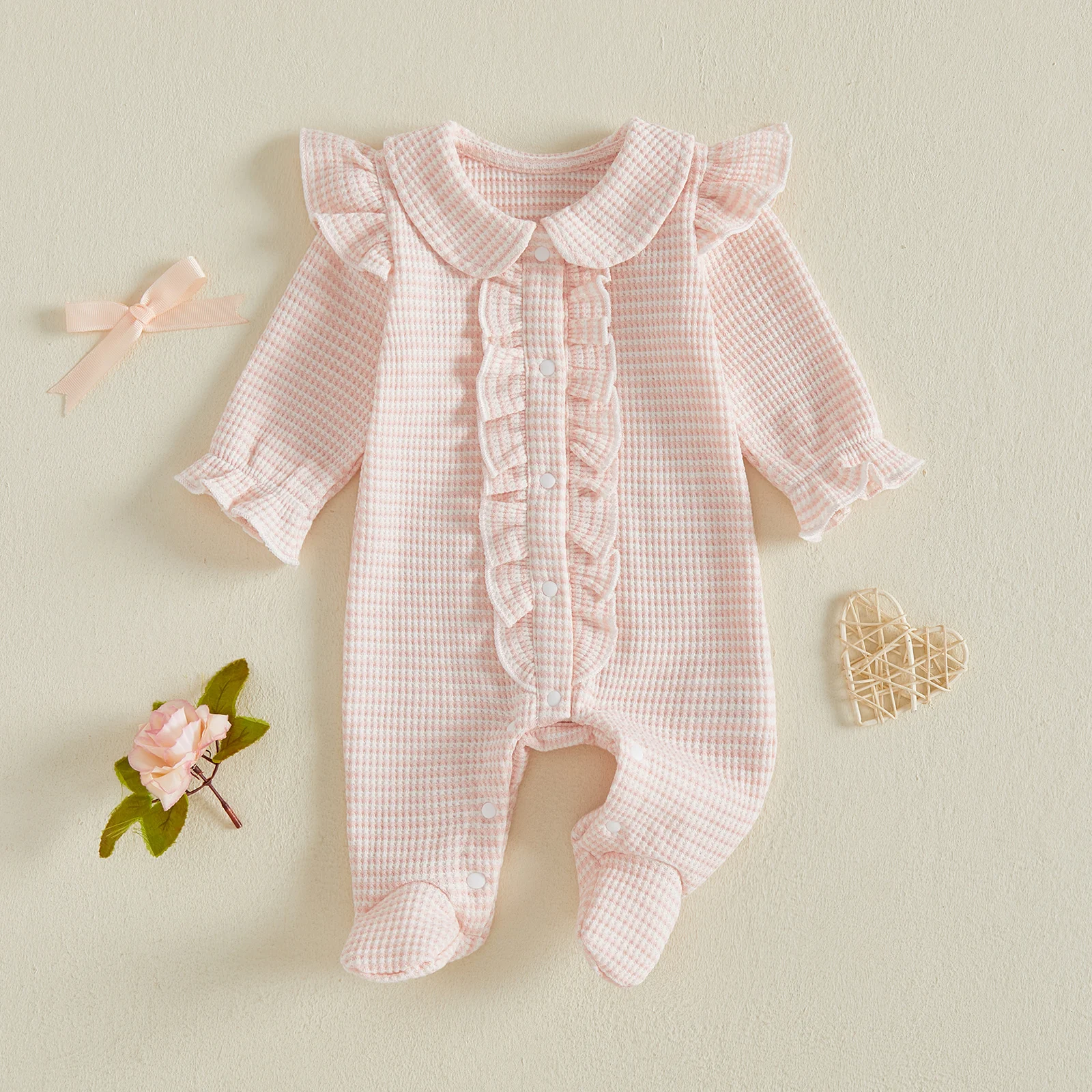Newborn Baby Girl Footies Waffle Stripe Print Doll Collar Long Sleeve Fall Romper