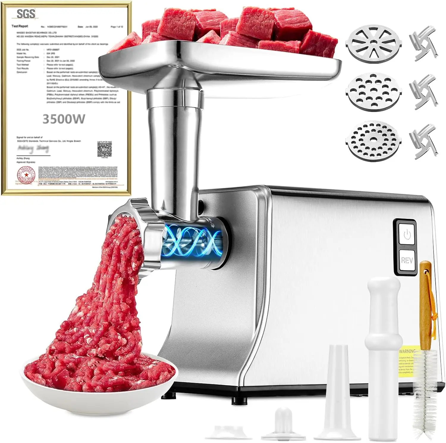 

3500W Electric Meat Grinder with SGS Certified Stainless Steel Blade, Fast 3-Second Grinding for Home Use