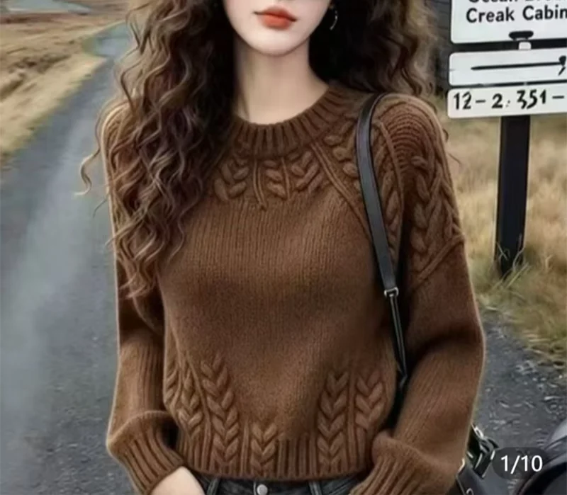 Women's Autumn Winter Knitted Half-high Collar Twist Sweater Soft Loose Slimming Brown Base Layer Top