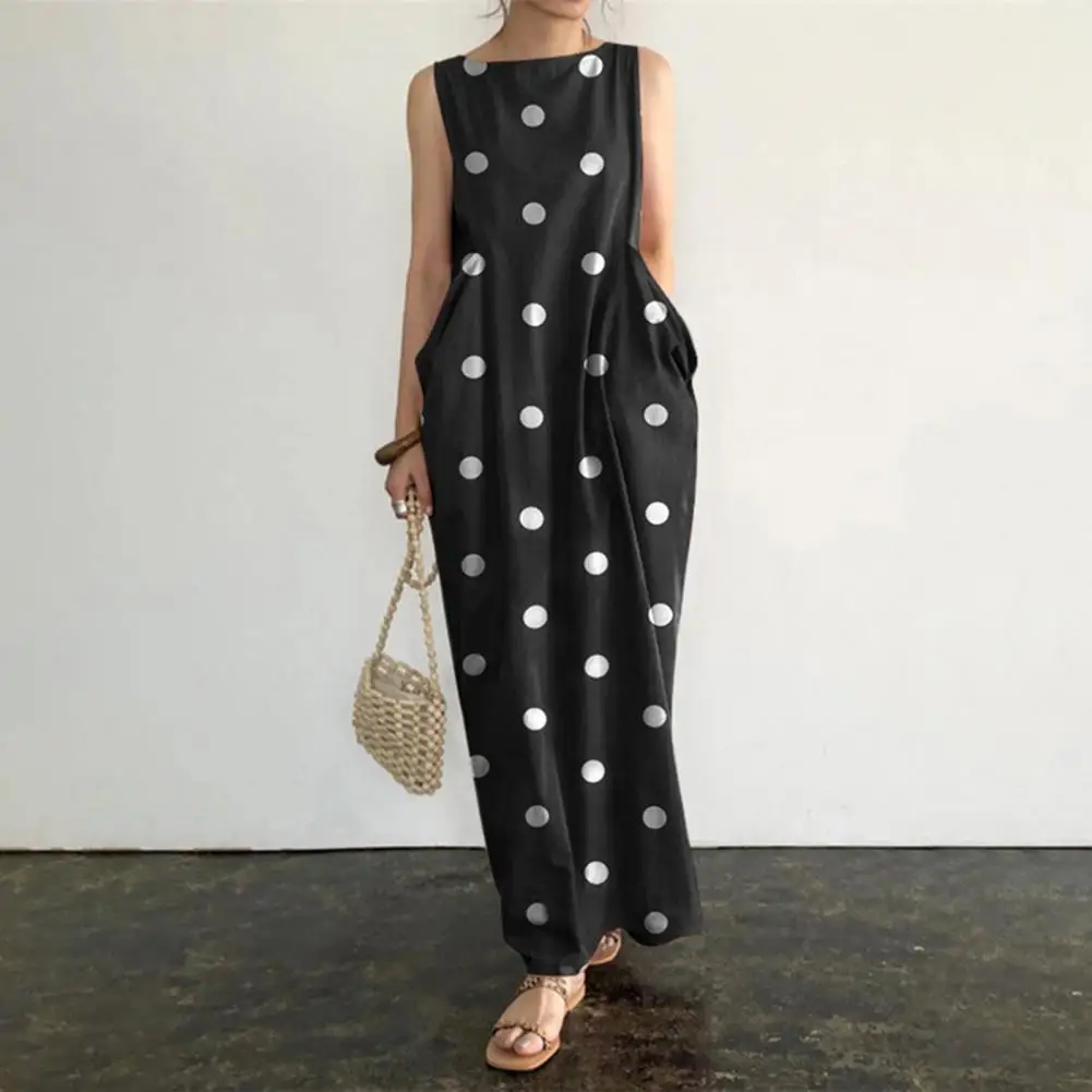 

Dot Print Women Vest Dress Casual Retro Big Polka Dots Maxi Dress Sleeveless O Neck Loose Pocket Tank Dress Casual Beach Dresses