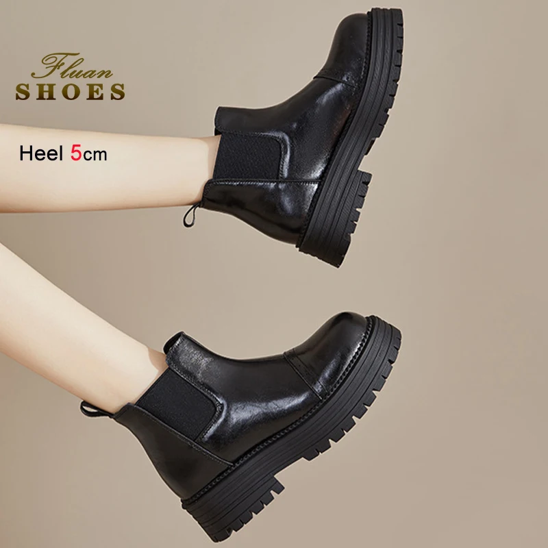 

2025 Black Autumn Winter Women's Knight Boots Elastic Band Thick Sole Ankle Boots Round Toe Genuine Leather Short Boots Size 40