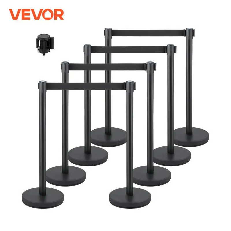 VEVOR 8Pcs Crowd Control Stanchion Stanchion Barriers Heavy-Duty Iron Base Posts with 6.6 ft/2 m 4-Way Black Retractable Belt