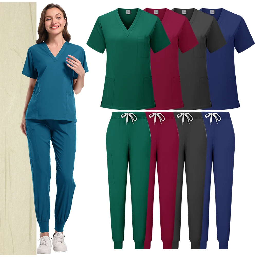 Medical Uniform Trendy Women's Scrub Set Stretch Soft Y-Neck Top Pants Hospital Pet Clinic Doctor Costume Contrasting Colors