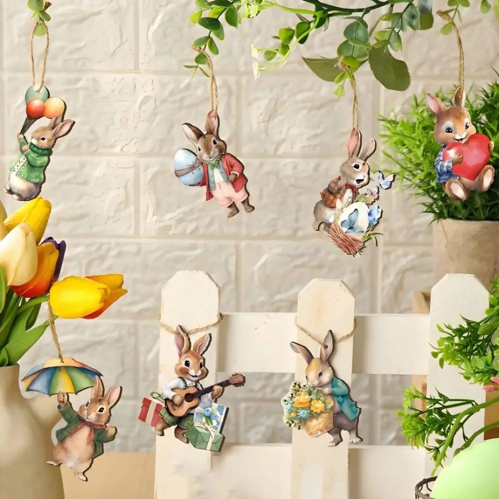 12/24/36Pcs 2D Rabbit Hanging Ornament Wooden Easy to Hang Easter Rabbit Pendant Handmade Bunny Props Hanging Pendant Home Decor