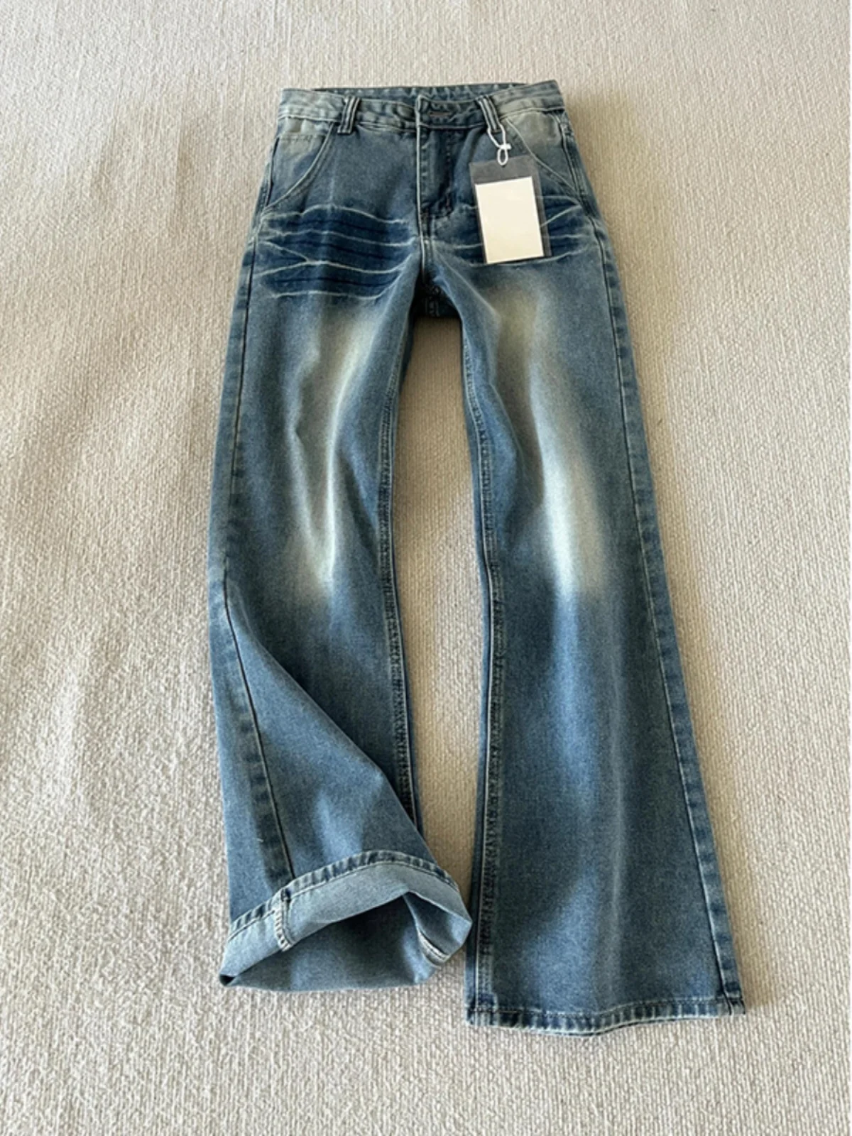 

Retro Washed Lightning Pattern Flared Jeans Men's High Waist Straight Leg Long Pants American High Street Vibe Casual Trousers