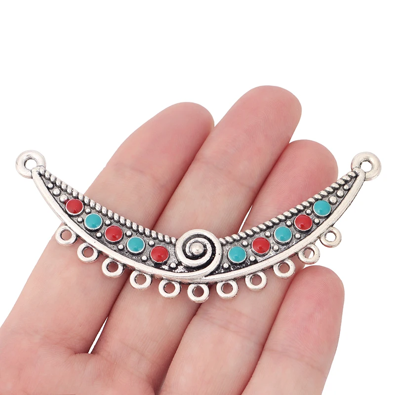 2 x Tibetan Silver Tribal Crescent Chandelier  Multi Strand Connectors With Enamel Beads Charms Pendants for Jewelry Making