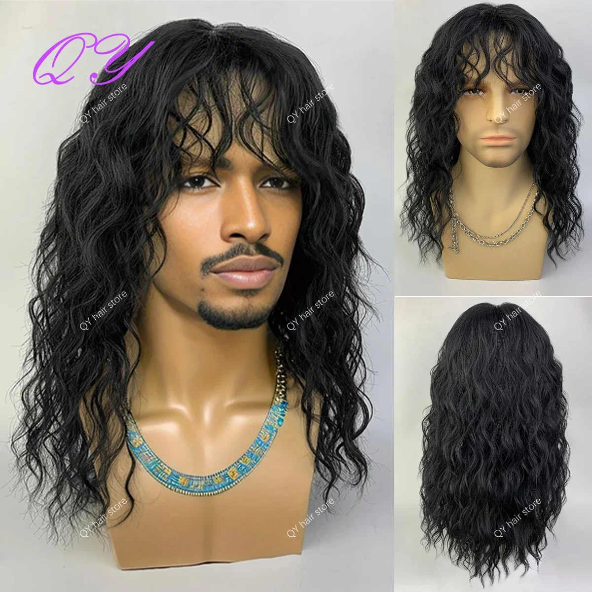 Synthetic Black Long Hair Wig For Men Rock And Roll Hair Good Quality Natural Water Wavy Curly With Bangs Male Wig