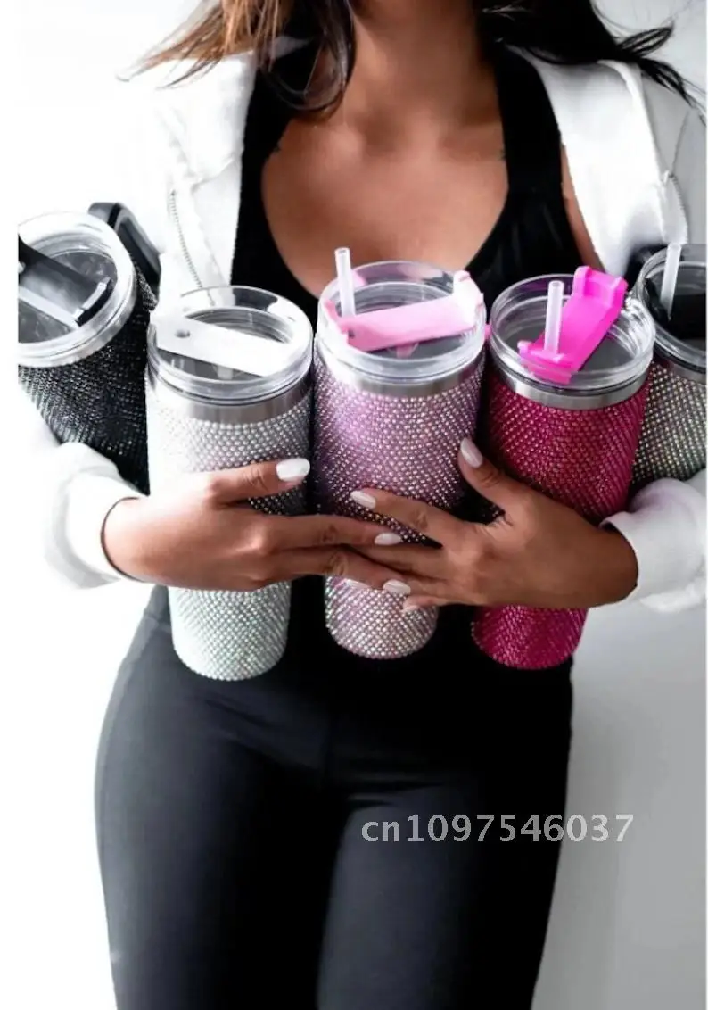 Rhinestone 40oz Insulated Tumbler with Straw Cup with Handle Sliding Bottle for Bling Lid Her Gift Diamond Steel Stainless Water