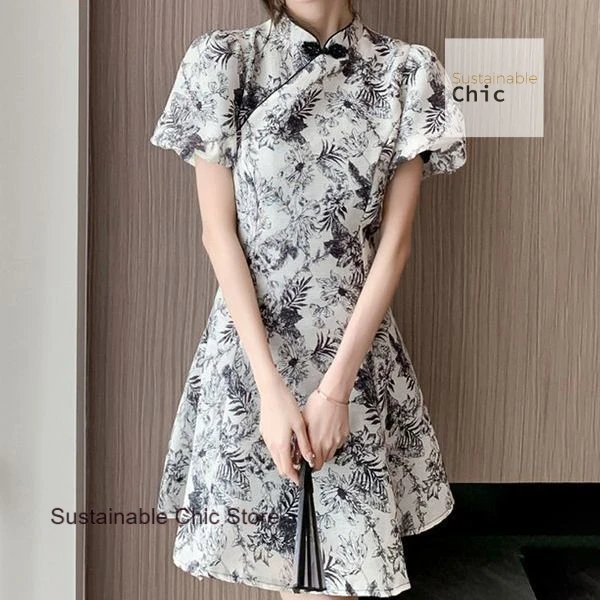 

French elegant black and white pattern cheongsam slim dress female summer new fashion buckle temperament short sleeve dress.