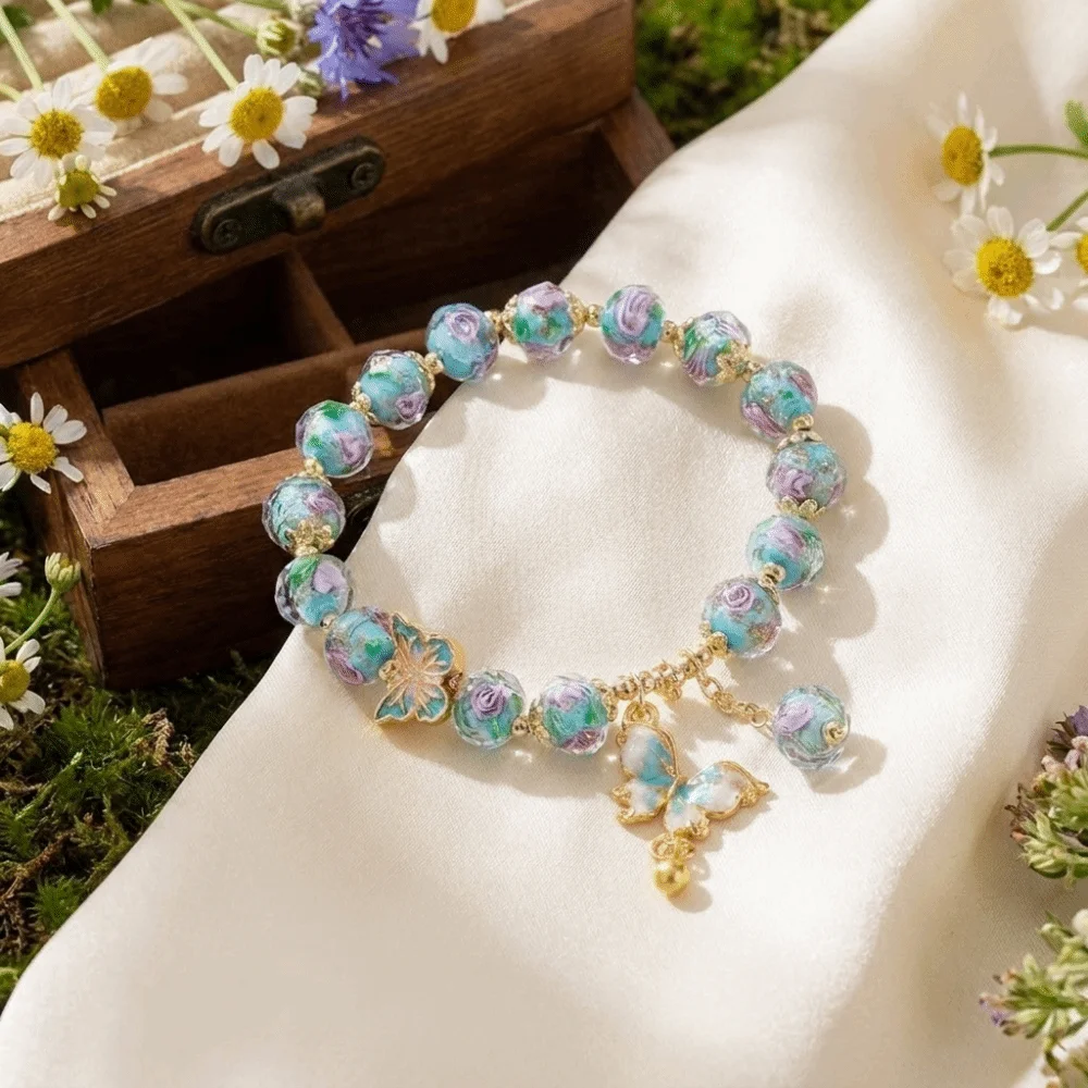 Skin-Friendly Beaded Hand Chain Enamel Drip Technique Vintage Style Butterfly Pendant Bracelet Sweet Delicate Rose Bracelet