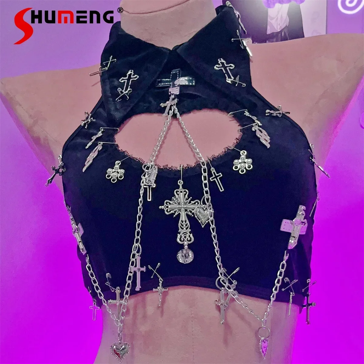 

Hot Girl Subculture Dark Y2K Lapel Love Hollow Out Chain Super-Short Sexy Short Top Women Streetwear Fashion Rock Club Camisole