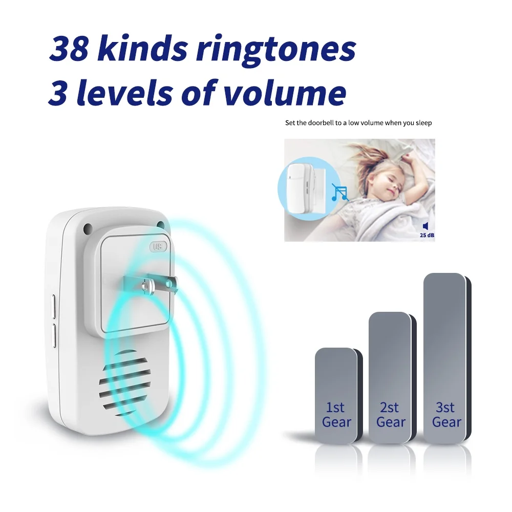 Campainha ao ar livre sem fio WHM07, campainha de música remota ajustável, plug UE, música de 38 tipos, volume de 3 níveis, 300m, 1 para 1