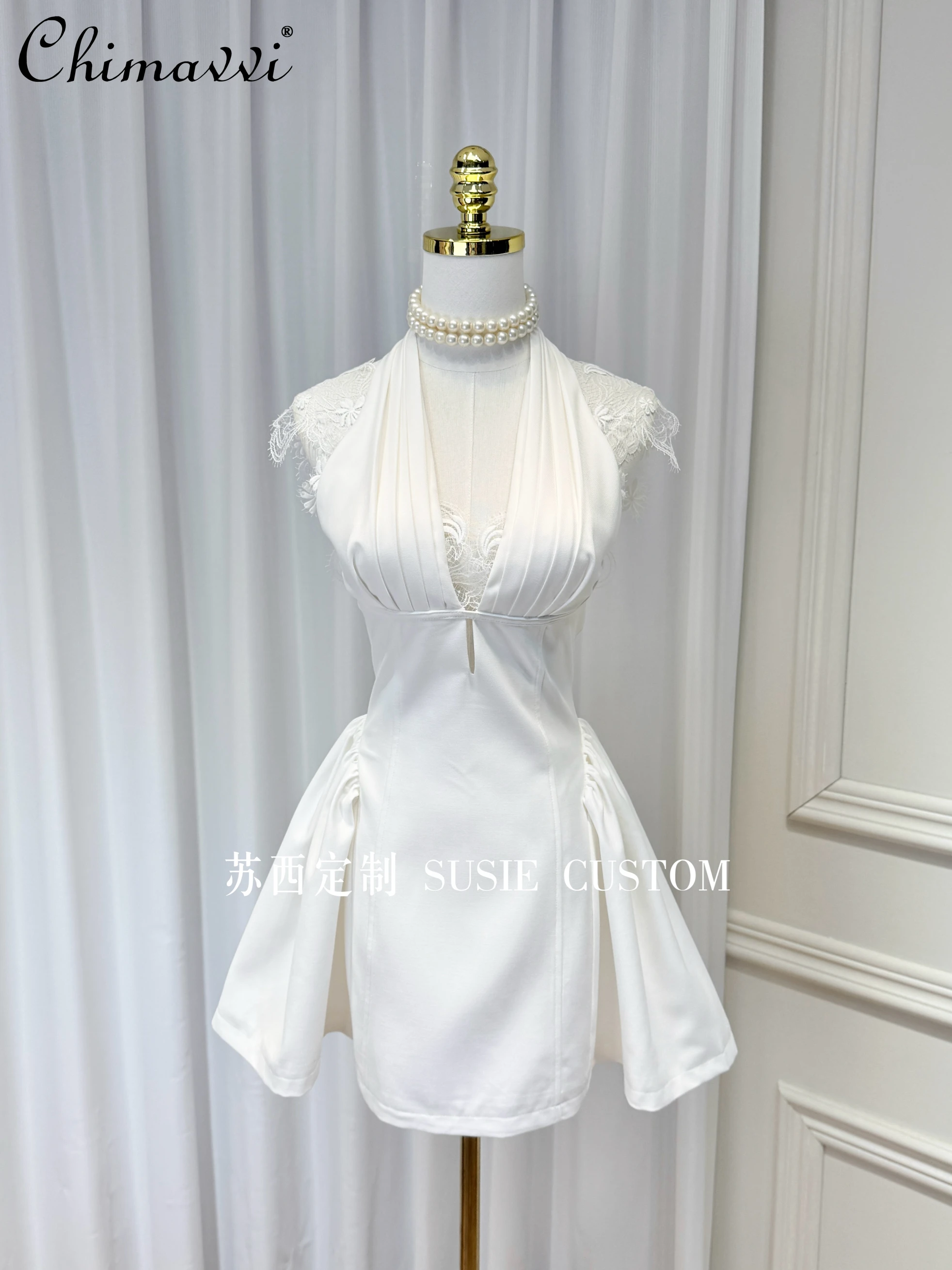 

French Elegant Socialite Birthday Party Dresses Hollow Lace Embroidery V-Neck Backless High Waist A-line White Short Dress Women