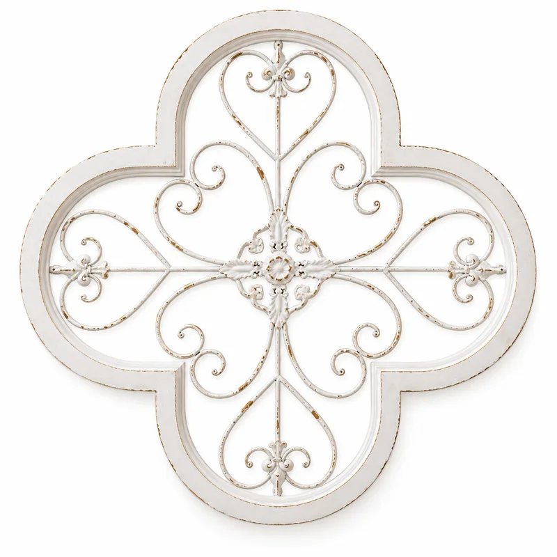 Vintage Quatrefoil Wall Decor, Distressed White MDF and Iron Scrollwork Wall Art, French Country Farmhouse Accent