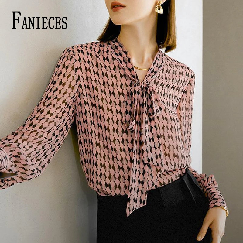 

FANIECES рубашка Elegant Blouses Women Vintage Bow Neck Print Shirts Office Lady Summer Korean Long Sleeve Casual Chic Tops