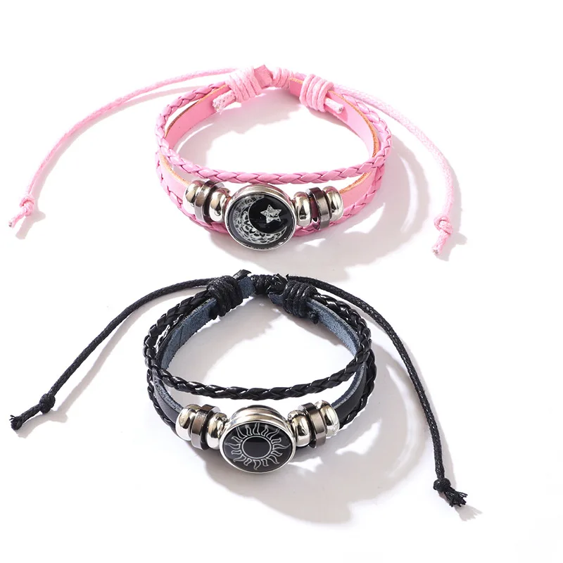 Fashion Korean Retro Sun And Moon PU Leather Luminous Couple Cowhide Bracelet Leather Rope Woven Bracelet For Lovers Jewellery