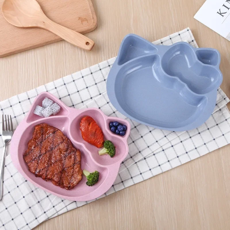 

Hello Kitty Children Tableware Bowl Sanrio Miniso Cartoon Kindergarten Baby Dinner Salad Fruit Vegetable Grid Wheat Plate Gifts