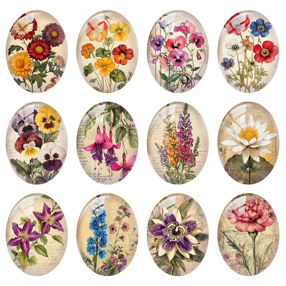 Random Mixed Round/Oval/Square Retro Botanical Flowers Pinks Photo Glass Cabochon Flatback Demo Cameo For Diy Jewelry Making