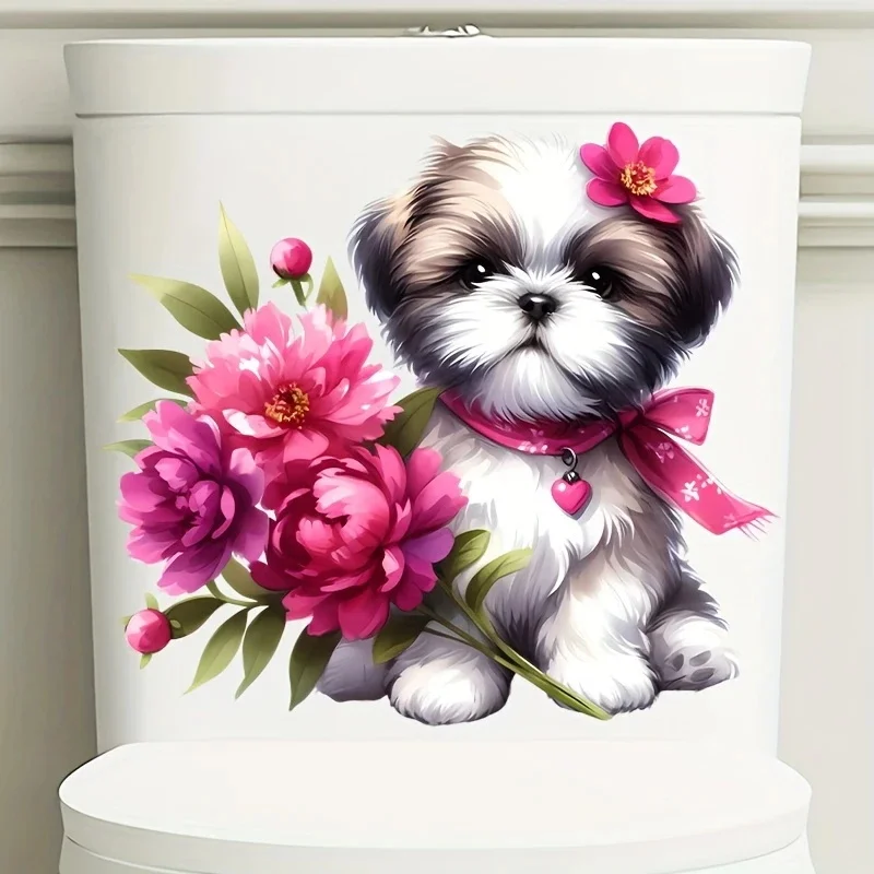 

MT1341# Beautiful Flower and Dog Toilet Lid Decal - Self-Adhesive Bathroom Wall Sticker, Romantic Home Decor Accent