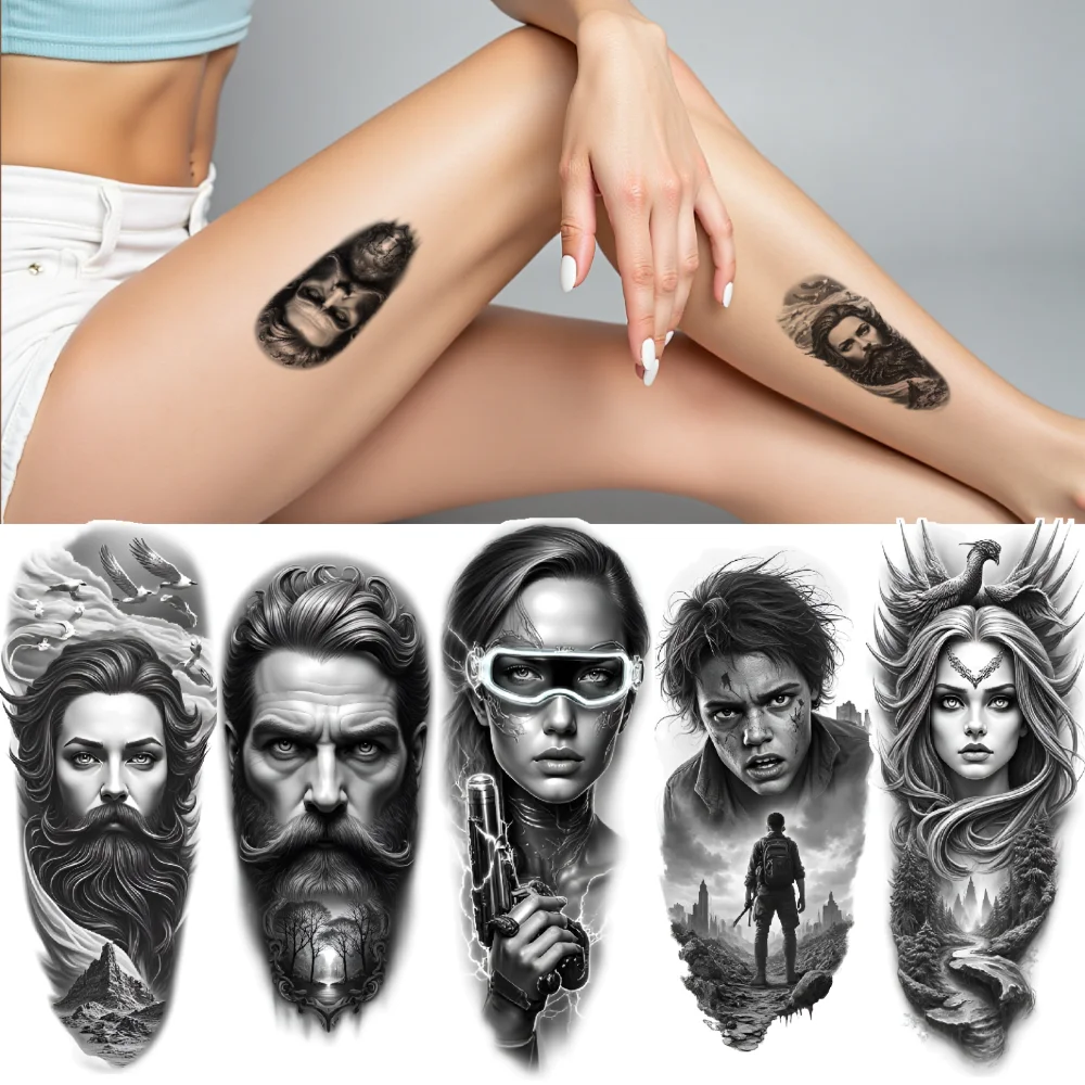 

12pcs Temporary Tattoo Skull Black And Grey Realism Knight Lion Head Realistic Temporary Tattoos Angel For Men Thighs Arms