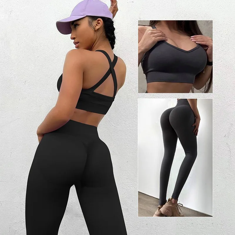 

Seamless Knitted Yoga Suit Women's Sports Fitness Gym High Waist Clothing Yoga Set Pants with Yoga Vest Bra Sportswear