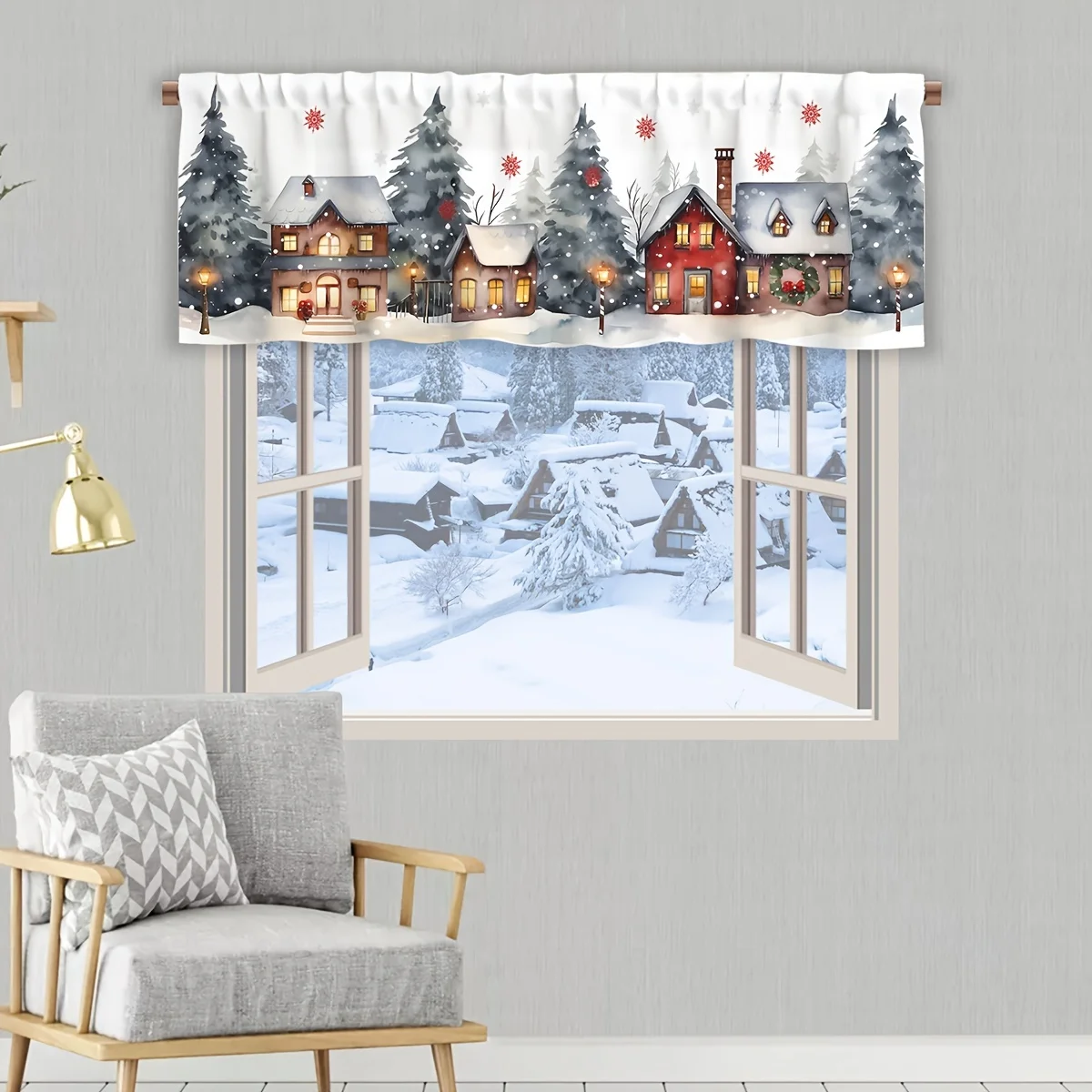 2D FLAT Single Piece of 2D Printed Curtain Featuring a Cartoon-Style Christmas Snow Town, Designed for Festive Decoration.