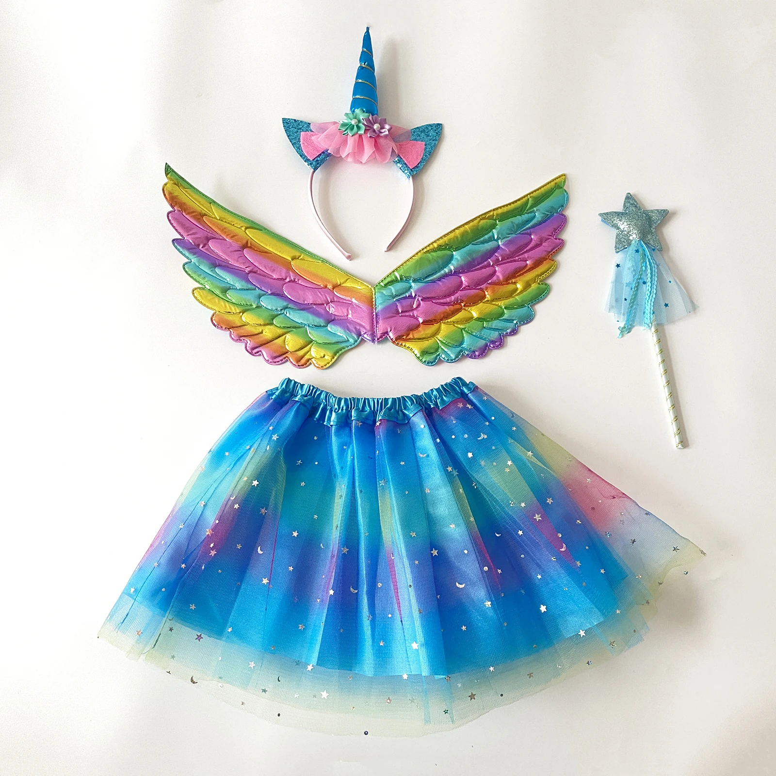 여자 공주 유니온 머리띠 날개 스타 마법 지팡이 튜튜 스커트 4개/세트, 안감이 있는 스커트, 파티 댄스 코스프레 의상용