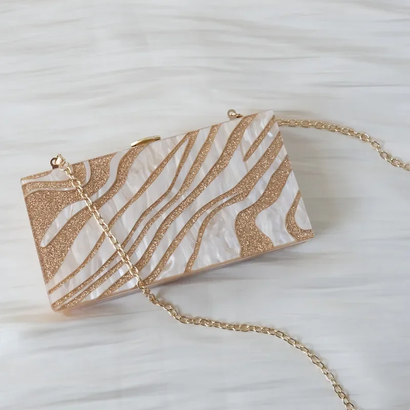 

New Trendy Handbag Fashion Women Bag Gold Striped Acrylic Luxury Party Evening Bag Woman Cute Wedding Box Vintage Clutch Purse