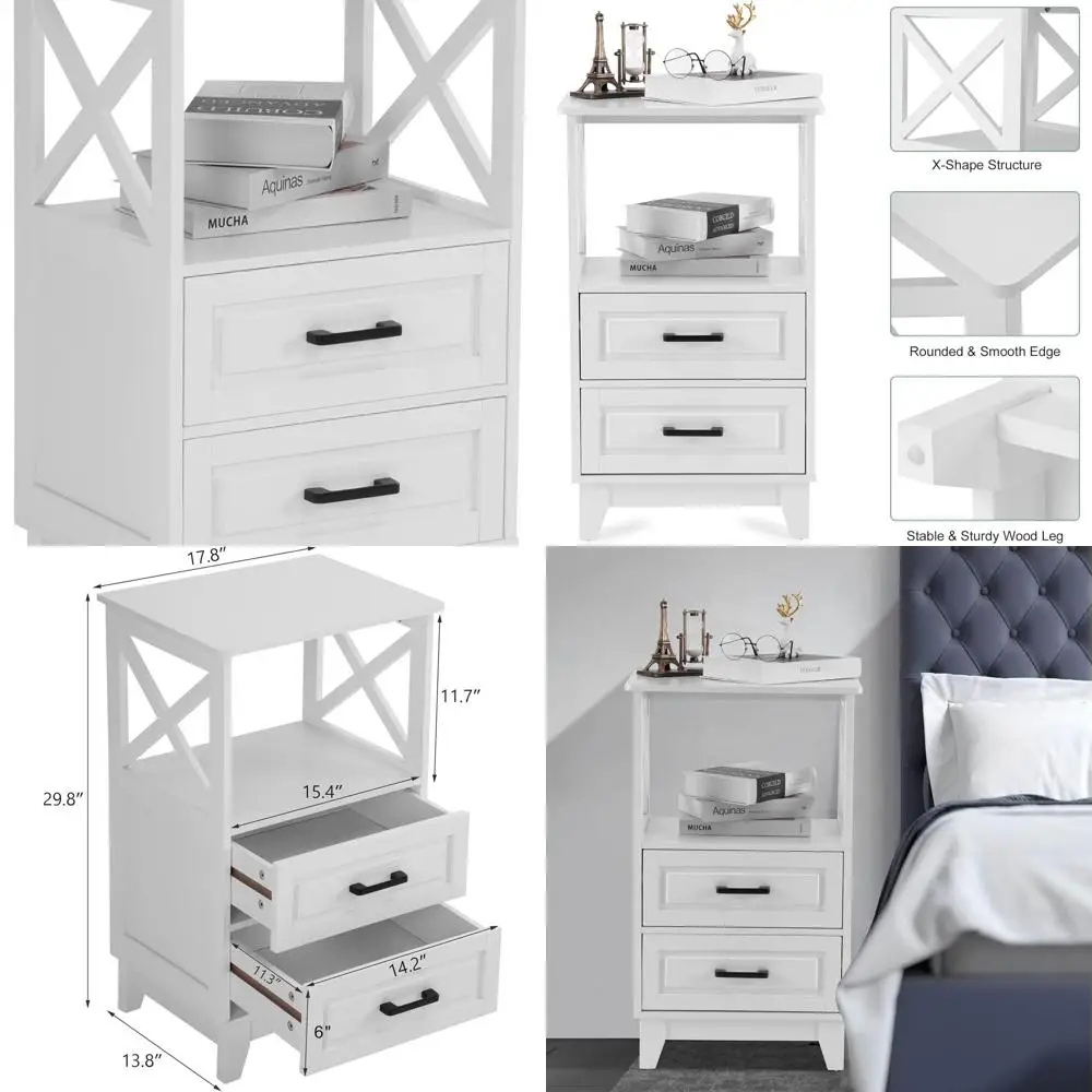 

Белая деревянная тумбочка X-Design с двумя ящиками, высокий столик для хранения в спальне и гостиной