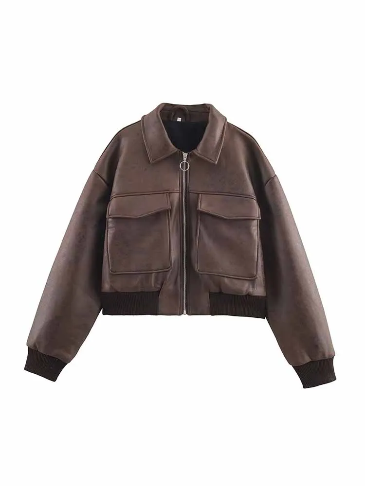 

HH Woman Spring Fashion Lapel Solid Color Long Sleeves Zipper Pocket Decoration Jacket Female Street Style Versatile Casual Coat